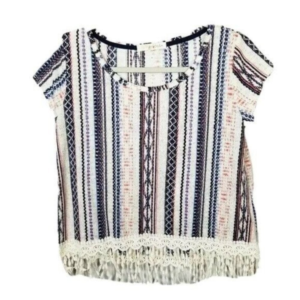 Rewind Boho Crochet Fringe Cropped Hi-Low Shirt Women's XS Multicolor Striped
